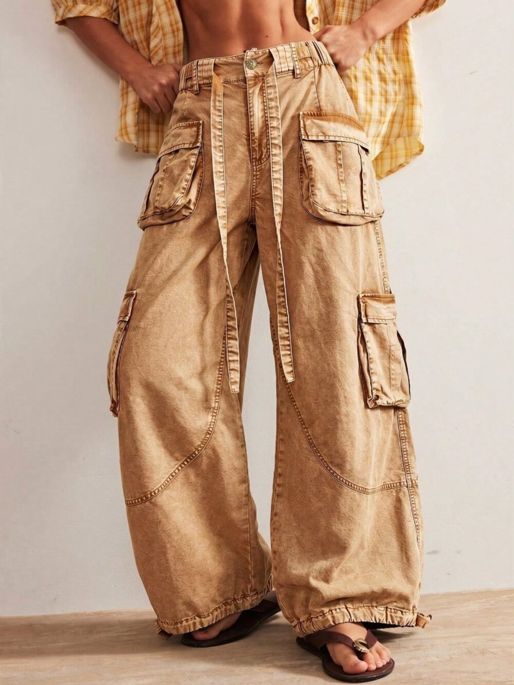 Brown Casual Women's Woven Loose Cuffed Low Waist Loose Long Pants - Picture 6 of 10